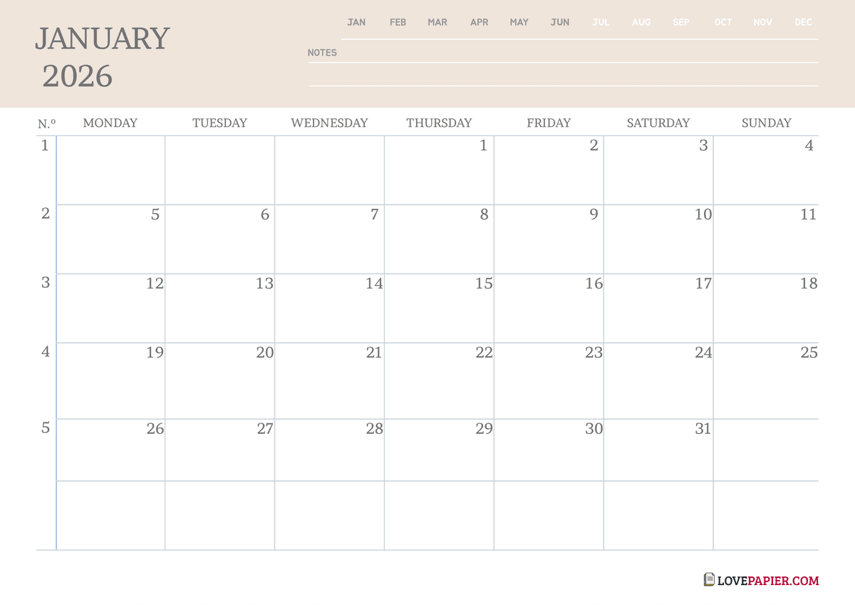 Blank Minimalist 12 Month Calendar - Monday Start