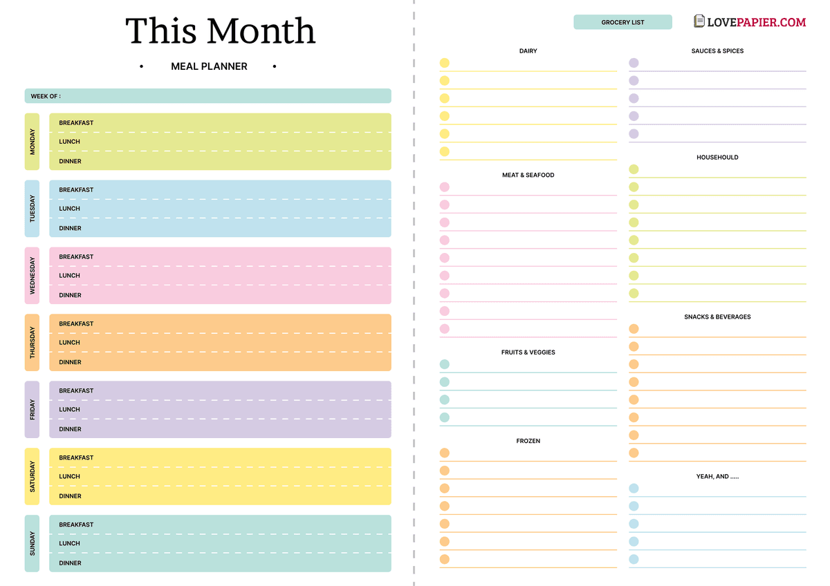 Colorful Meal Planner with Shopping List